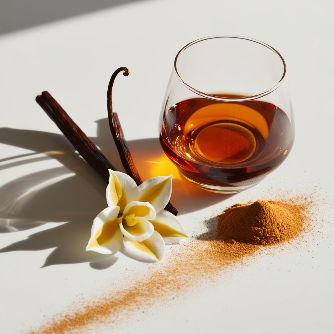 Glass of rum, vanilla and cinnamon representing the olfactory notes of the perfume.