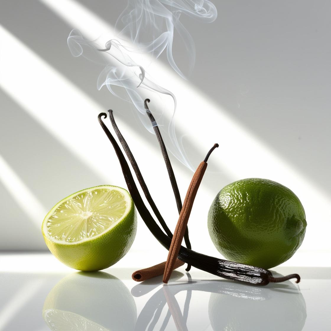 Incense and vanilla representing the olfactory notes of the perfume.