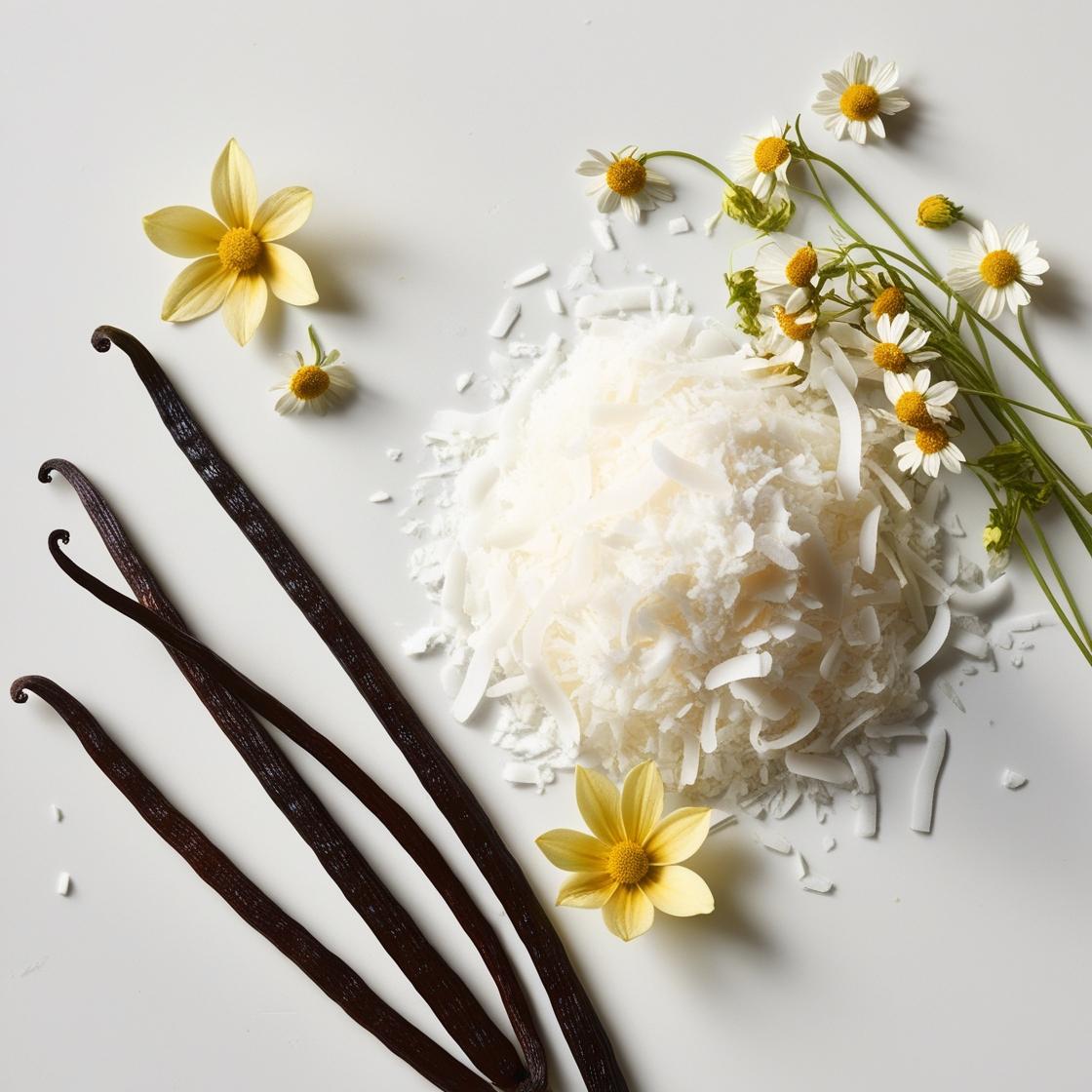 Vanilla, coconut and chamomile represent the olfactory notes of the perfume.