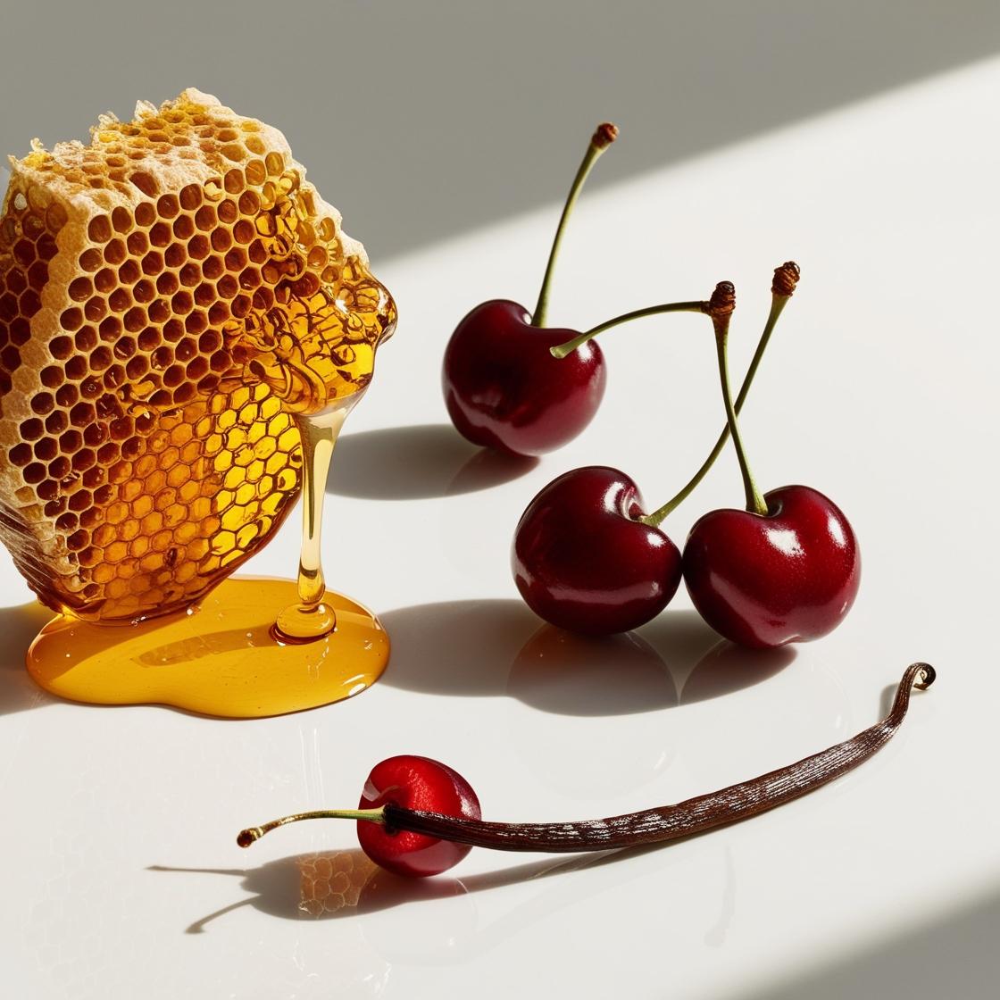 Honey, cherry and vanilla represent the olfactory notes of the perfume.