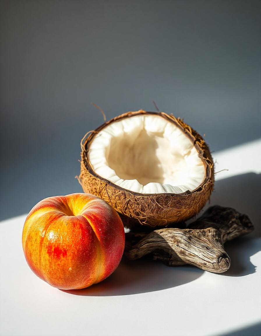 Peach, coconut and wood represent the olfactory notes of the perfume.