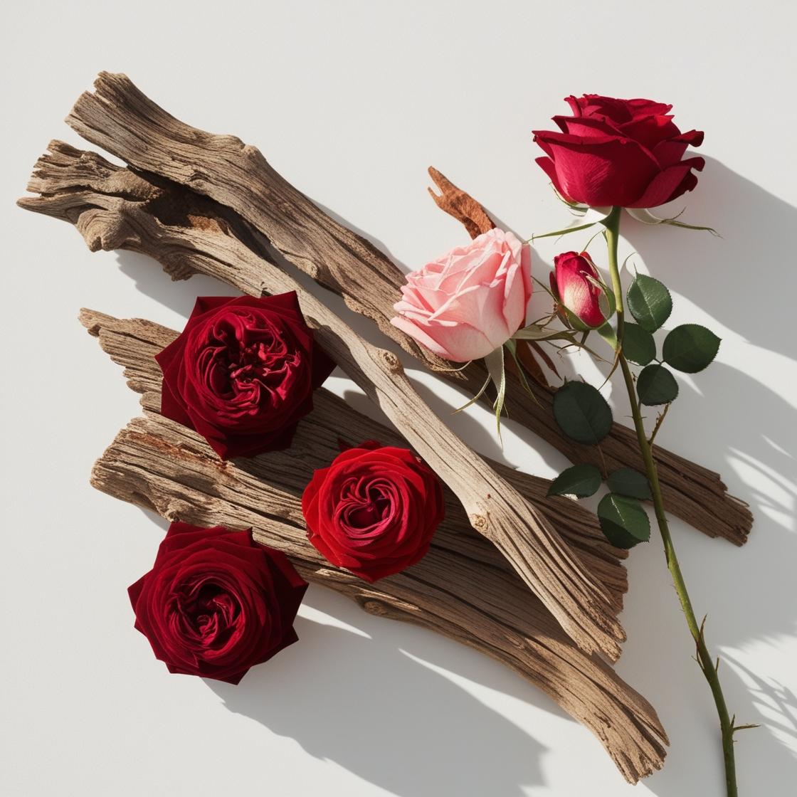 Rose and wood representing the olfactory notes of the perfume.