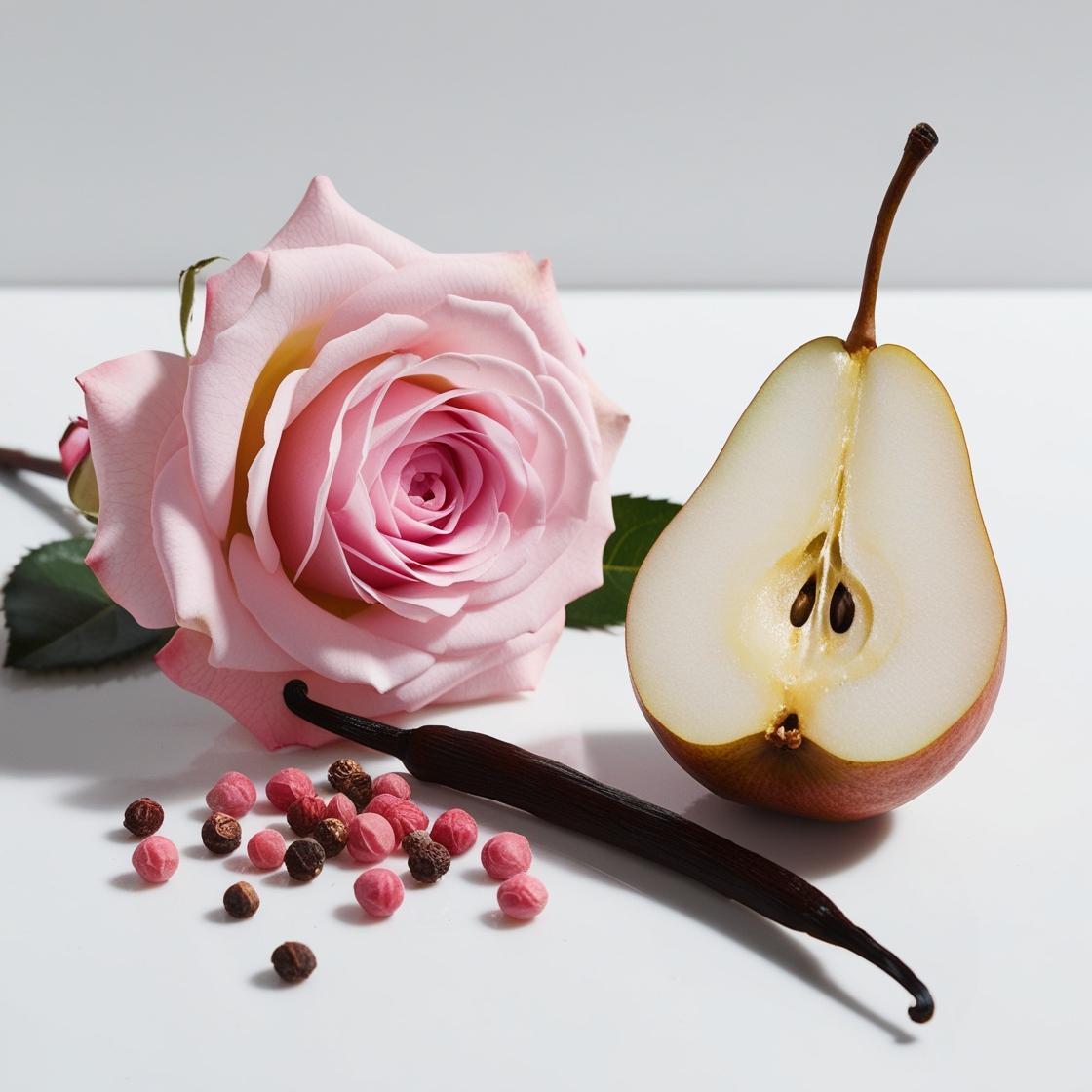 Pear, pink pepper, vanilla and rose represent the olfactory notes of the perfume.