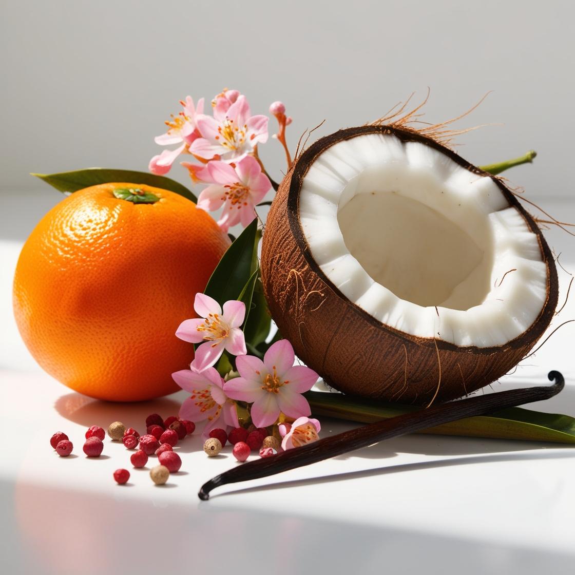 Mandarin, coconut, vanilla and pink pepper represent the olfactory notes of the perfume.