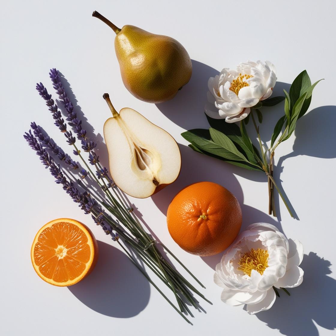 Pear, mandarin, lavender and peony represent the olfactory notes of the perfume.