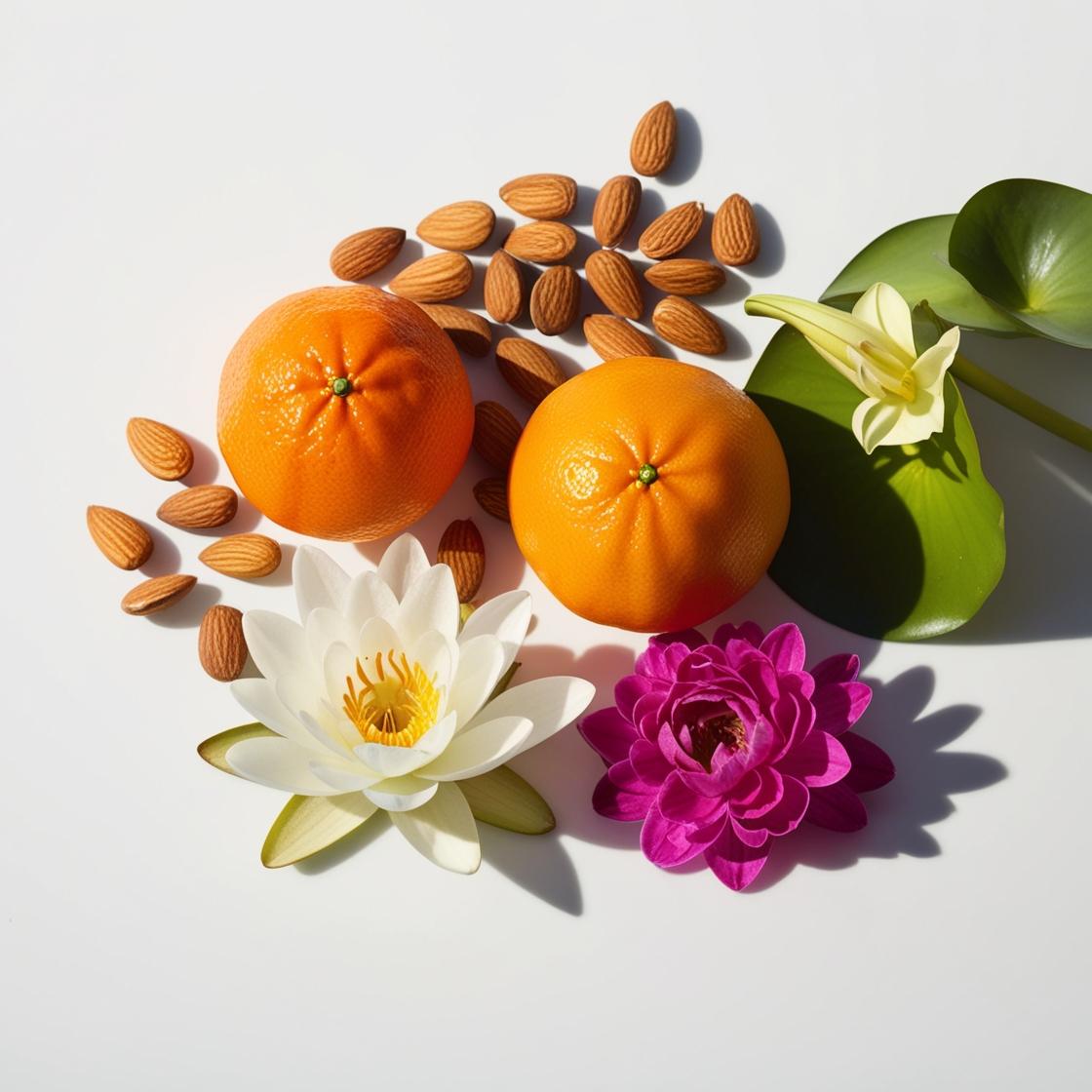 Mandarin, almond, rose and water lily representing the olfactory notes of the perfume.