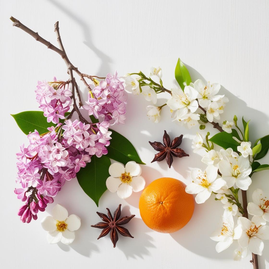 Orange blossom and jasmine represent the olfactory notes of the perfume.