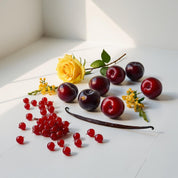 Red currant, rose, vanilla and plum represent the olfactory notes of the perfume.