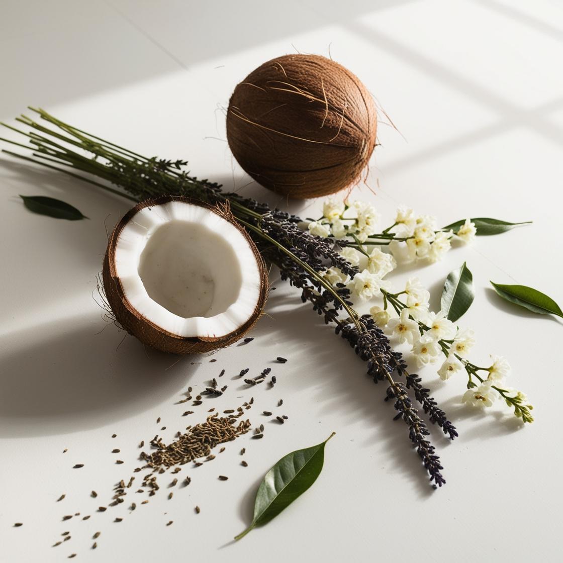 Lavender, jasmine and coconut represent the olfactory notes of the perfume.