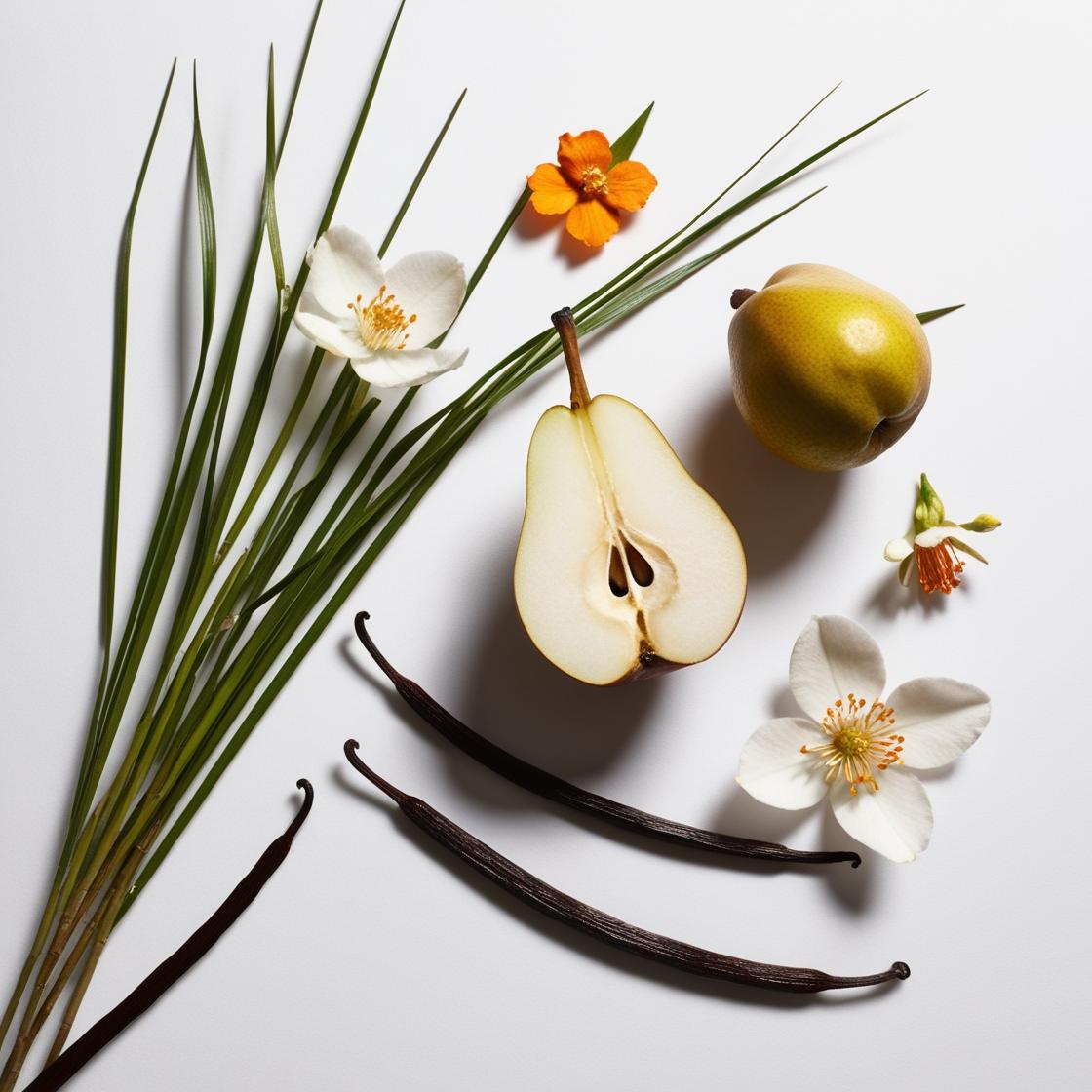 Pear, grass, orange blossom and vanilla represent the olfactory notes of the perfume.