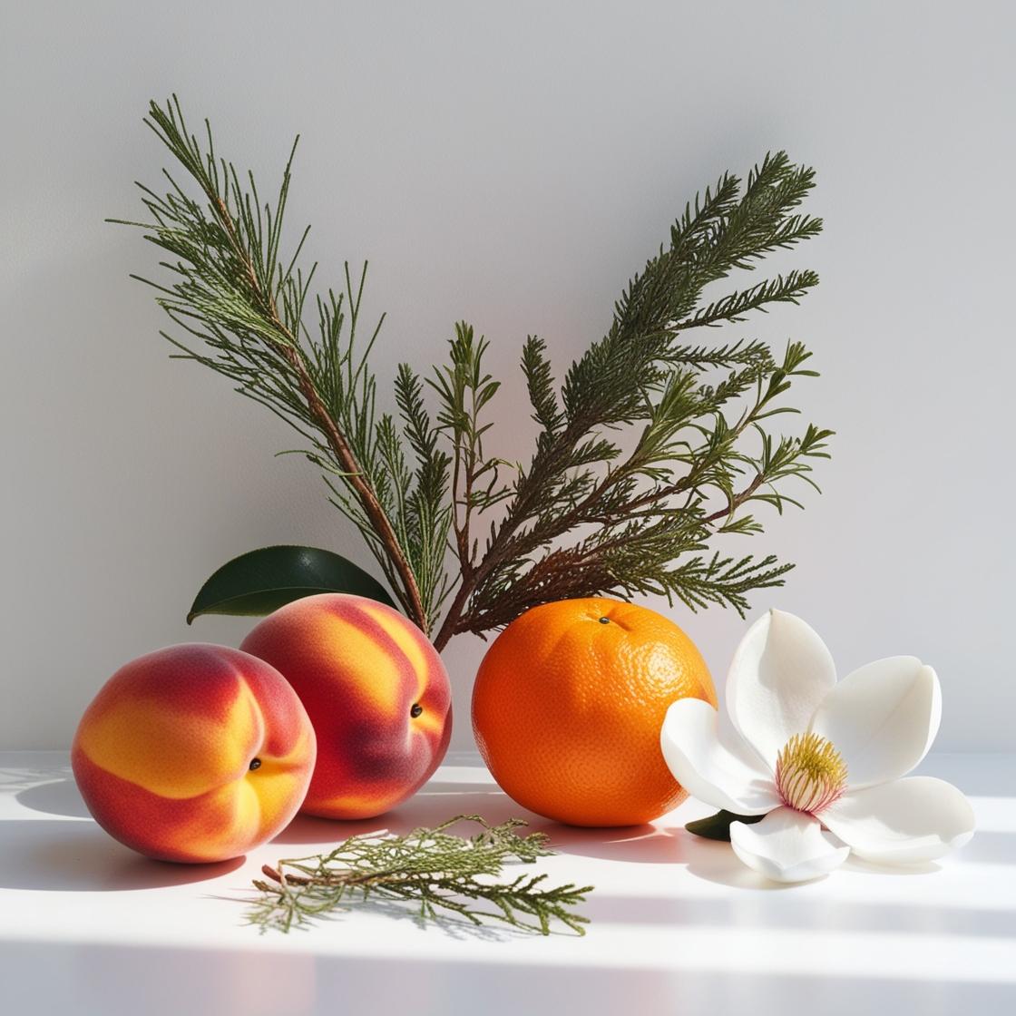 Peach, mandarin and cedar representing the olfactory notes of the perfume.