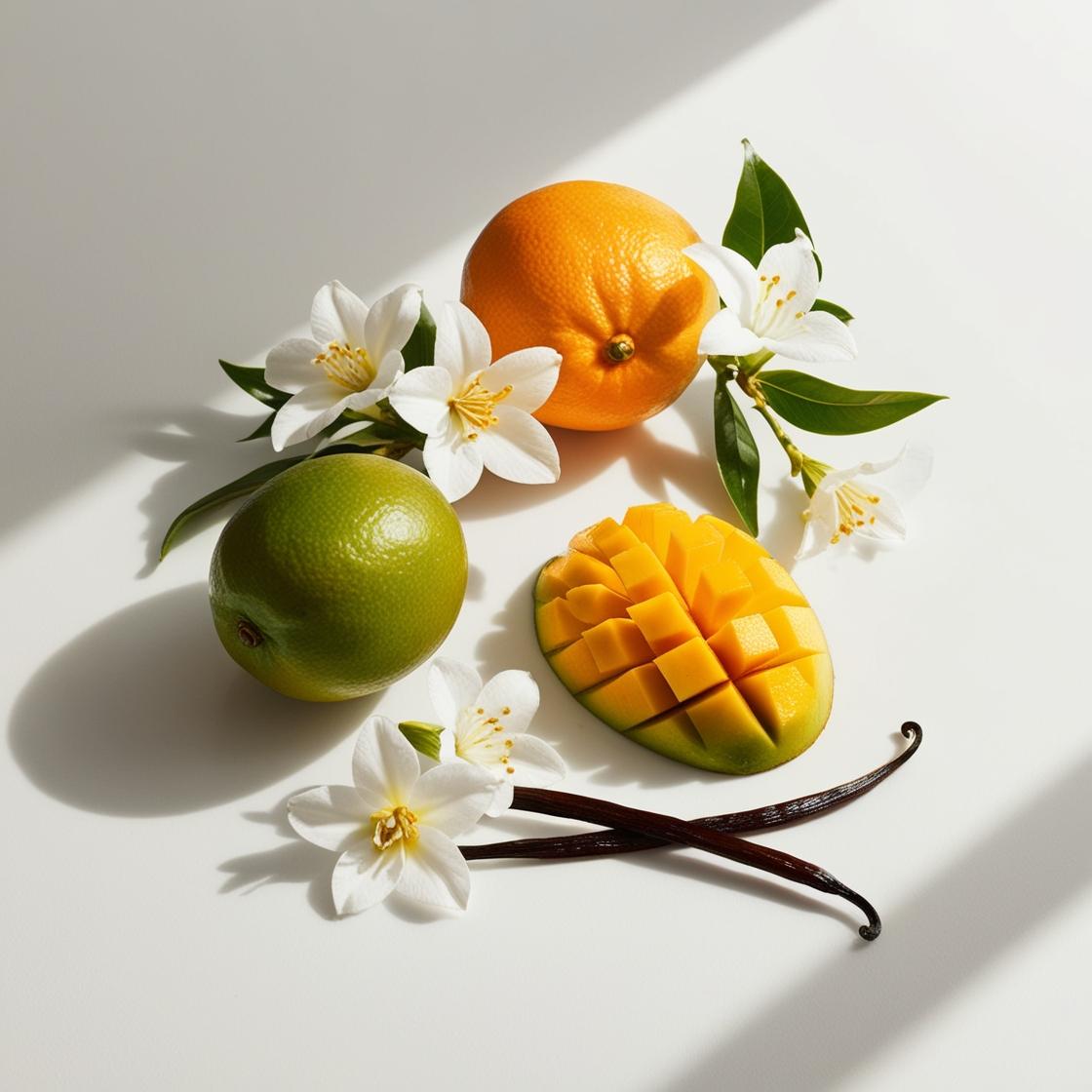 Mango, vanilla and jasmine represent the olfactory notes of the perfume.