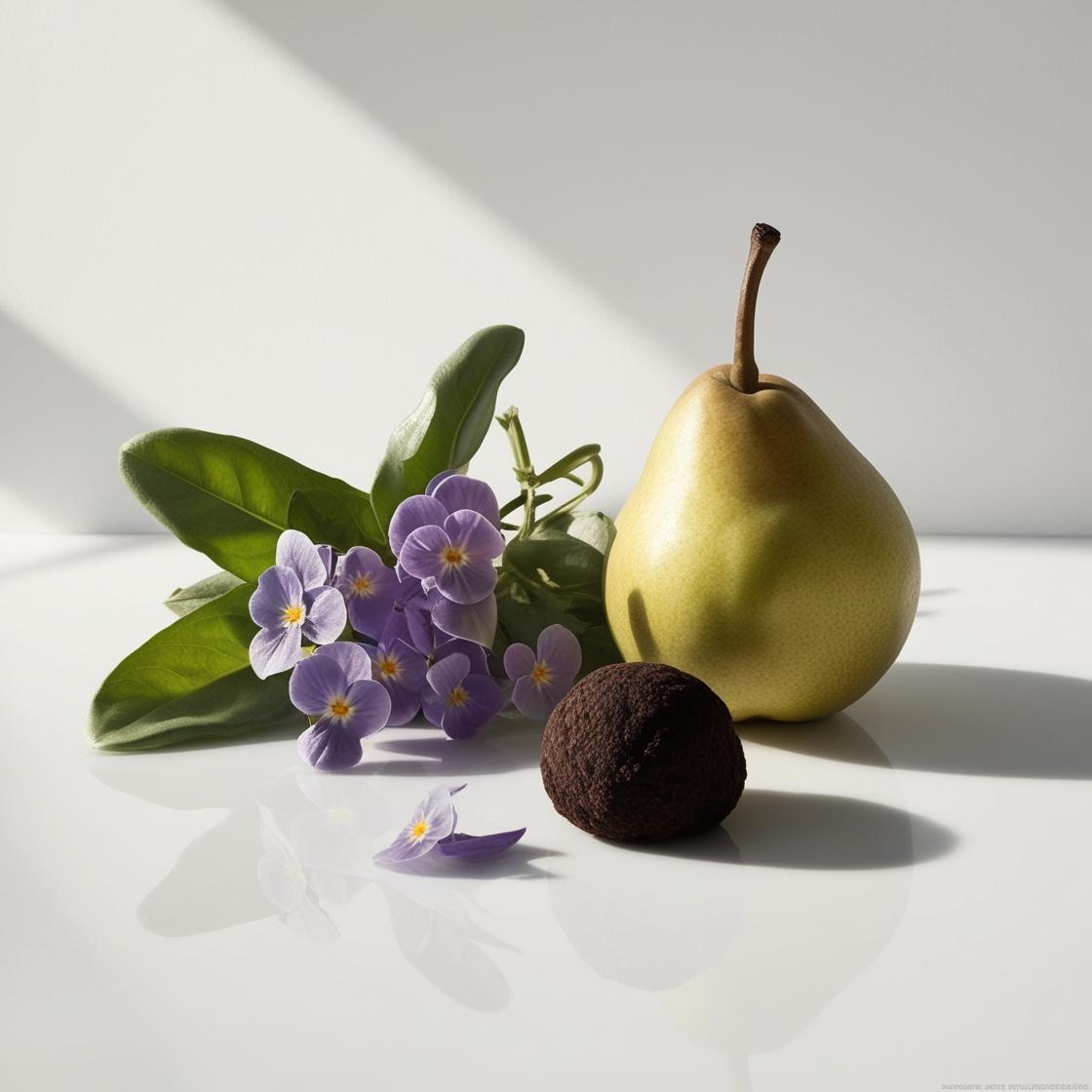 Pear, truffle and violet represent the olfactory notes of the perfume.