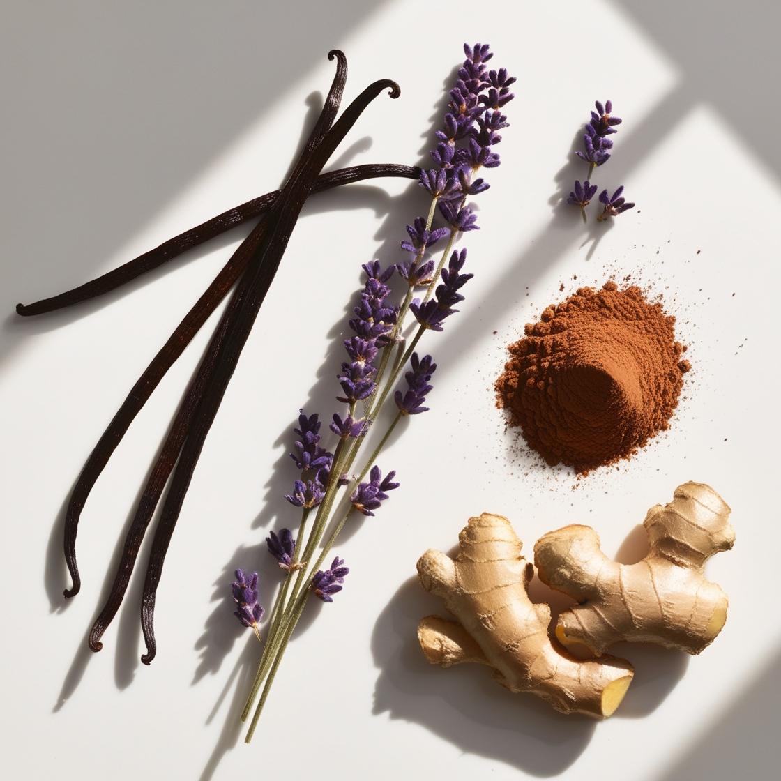 Vanilla, ginger, lavender and cocoa represent the olfactory notes of the perfume.