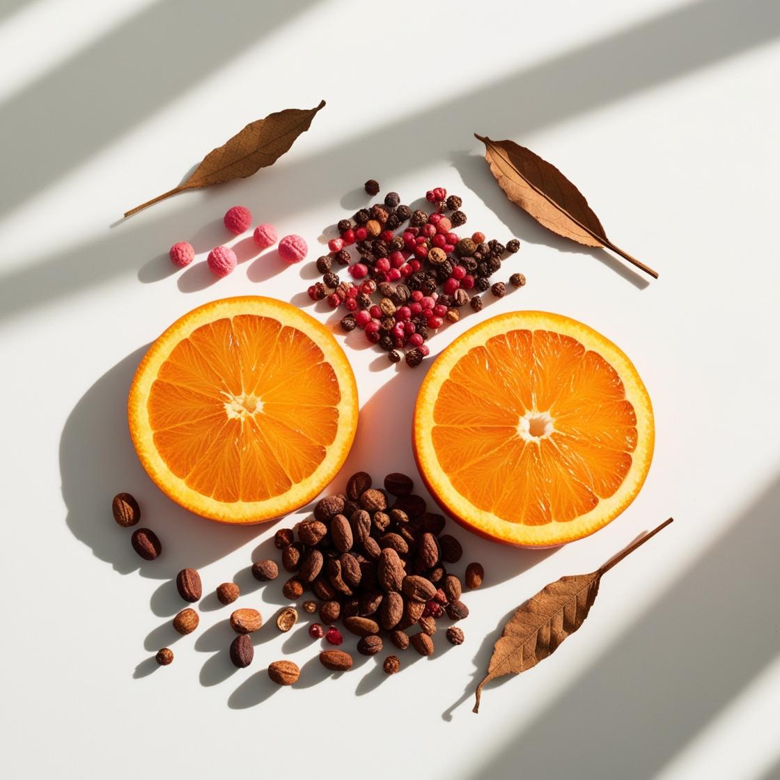 Orange, pink pepper and cocoa represent the olfactory notes of the perfume.