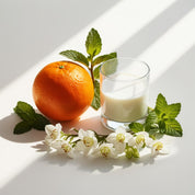 Orange, mint, lily and milk represent the olfactory notes of the perfume.