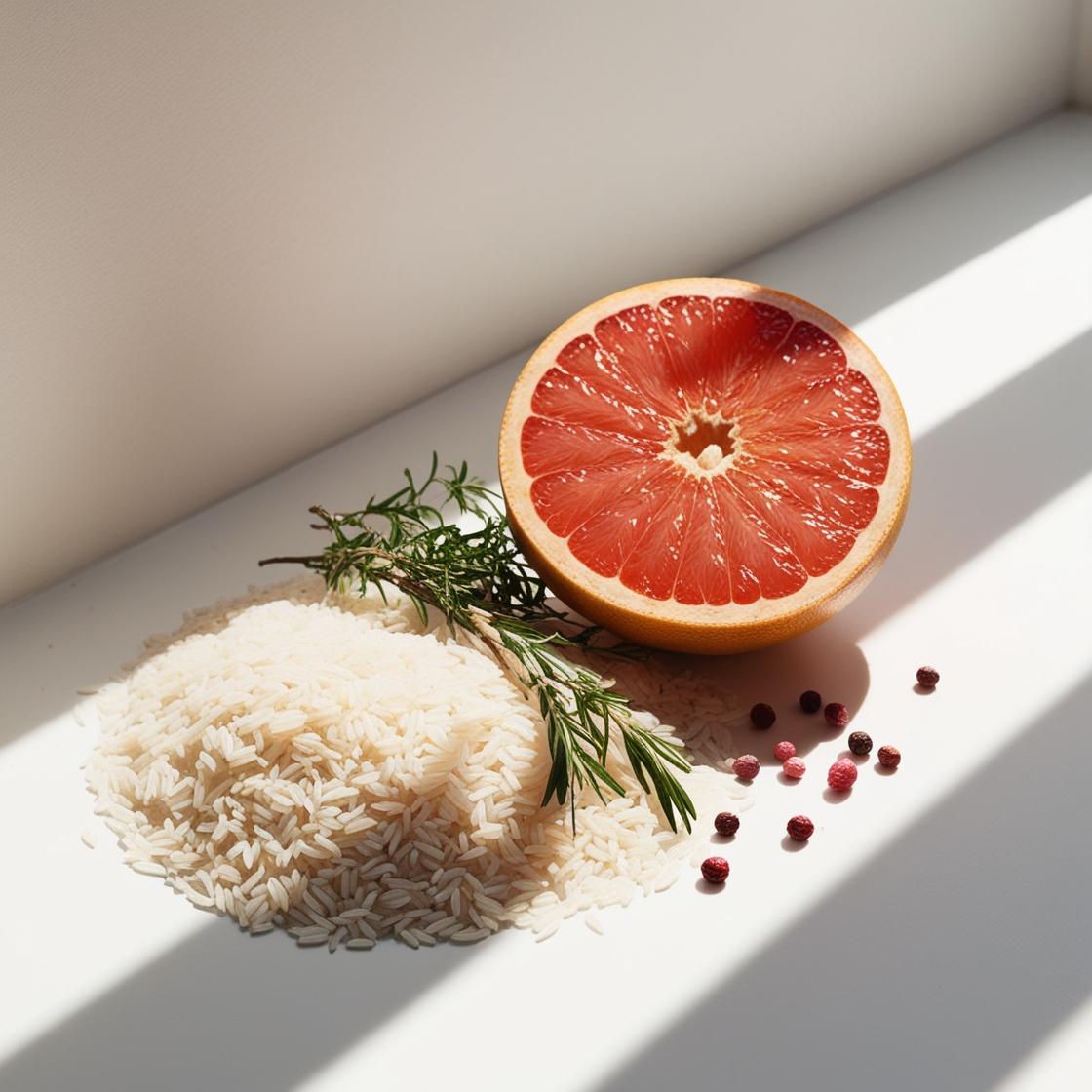 Rice, grapefruit and pink pepper represent the olfactory notes of the perfume.