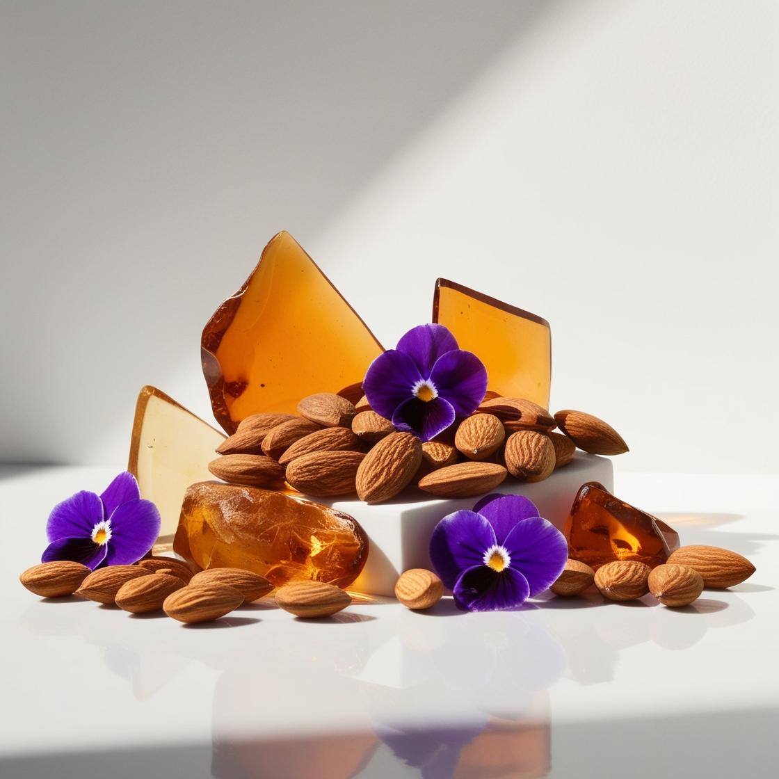 Almond, violet and amber represent the olfactory notes of the perfume.