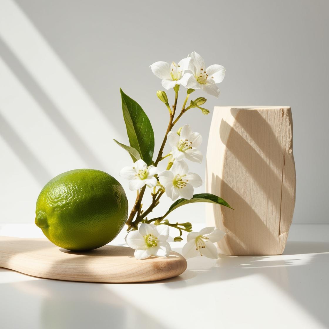 Lime, jasmine and wood represent the olfactory notes of the perfume.