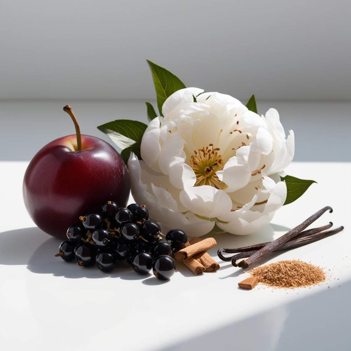 Plum, blackcurrant, peony and vanilla represent the olfactory notes of the perfume.