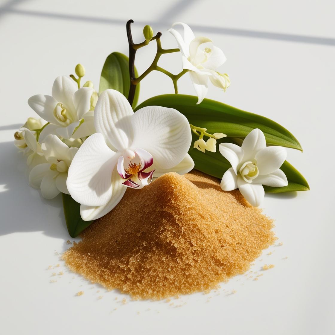 Orchid and brown sugar representing the olfactory notes of the perfume.