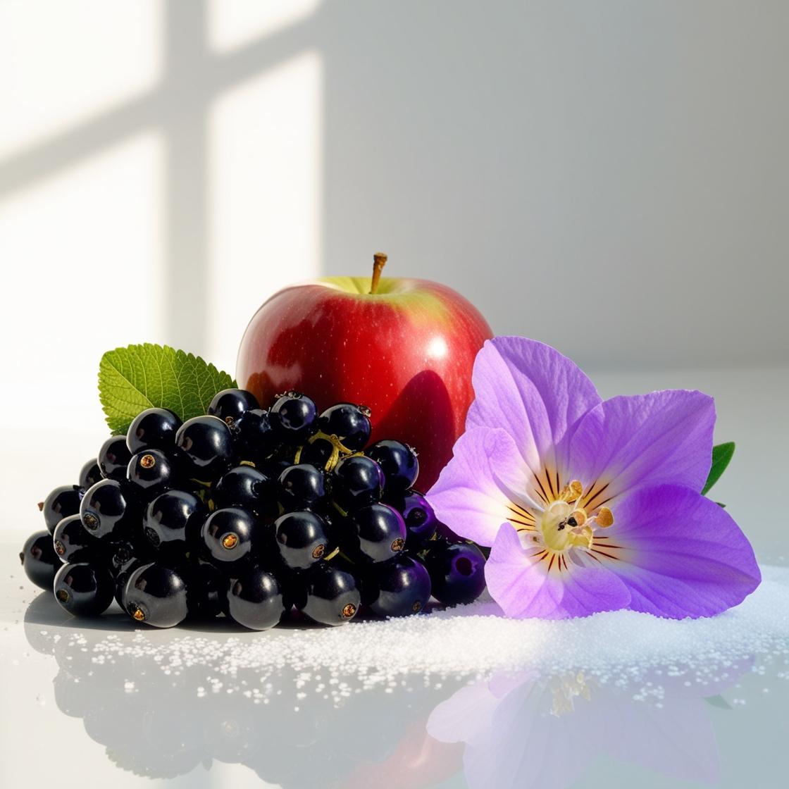 Red apple, violet and blackcurrant represent the olfactory notes of the perfume.