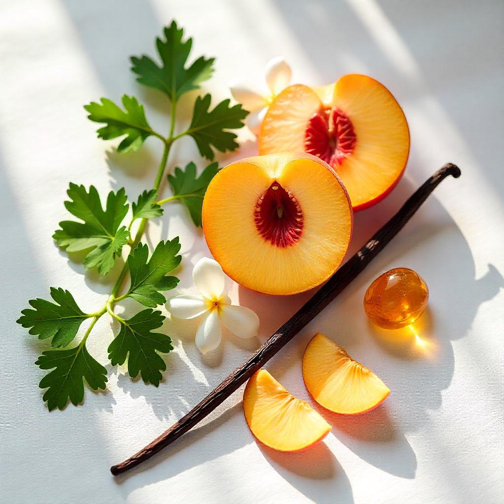 Peach, white clover, amber and vanilla represent the olfactory notes of the perfume.